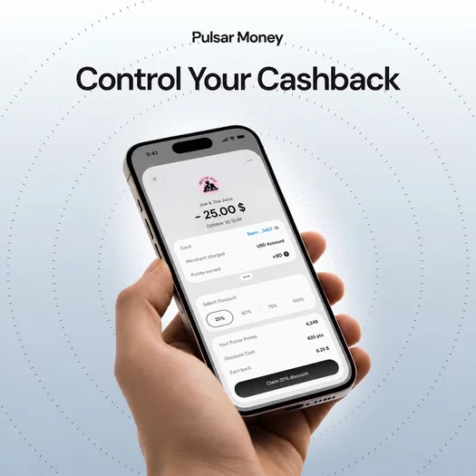 Pulsar Money: aplicación de pagos con stablecoins y recompensas cashback en un teléfono móvil.